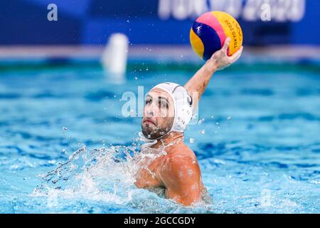 TOKIO, JAPAN - 8. AUGUST: Ioannis Fountoulis von Griechenland während des Olympischen Wasserball-Turniers 2020 in Tokio am 8. August 2021 im Tatsumi Waterpolo Center in Tokio, Japan (Foto: Marcel ter Bals/Orange Picles) Stockfoto