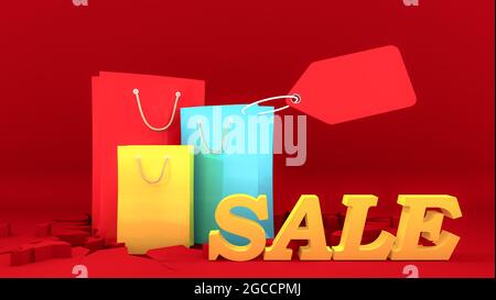 Bunte Papier-Einkaufstaschen und gelbe Verkaufsschild mit Preisschild auf knackrotem Grund. Shopping-Konzept, 3D-Rendering. Stockfoto