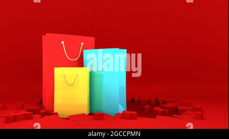 Bunte Papier-Einkaufstaschen auf knackrotem Boden. Shopping-Konzept, 3D-Rendering. Stockfoto