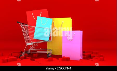 Bunte Papier Einkaufstaschen auf Warenkorb mit auf knackrotem Boden. Shopping-Konzept, 3D-Rendering. Stockfoto