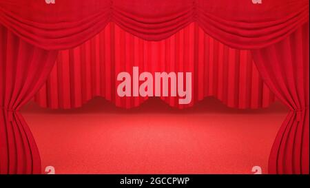 Hintergrund mit rotem Theatervorhang. 3D-Rendering. Stockfoto