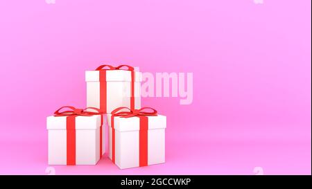 Dekorative Geschenkboxen mit roten Schleifen und Bändern mit rosa Hintergrund., 3D-Rendering. Stockfoto