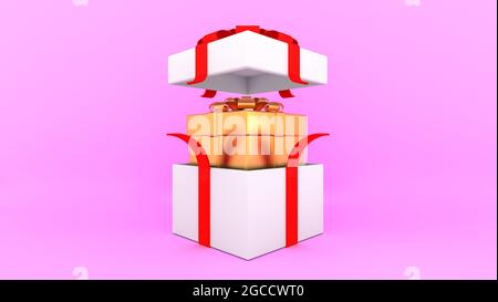 Offene weiße Geschenkbox mit rotem Band und innen goldene Box auf rosa Hintergrund., minimale weihnachten und Neujahr Konzept., 3D-Rendering. Stockfoto