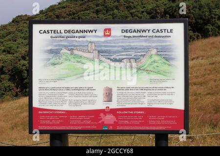 Deganwy Castle Schild auf der Vardre - eine frühe Festung von Gwynedd, die an der Mündung des Flusses Conwy, Wales liegt Stockfoto