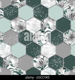 Nahtlose Hexagon-Textur mit Lilienblüten. Dekoratives Muster Stockfoto