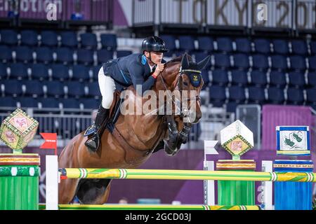 Henrik von ECKERMANN (SWE, 1. Platz, Olympiasieger) auf 'King Edward', in Aktion; Reiten/Team am 7. August 2021, Olympiasieger Schweden; Olympische Sommerspiele 2020, ab 23.07. - 08.08.2021 in Tokio/Japan. Stockfoto