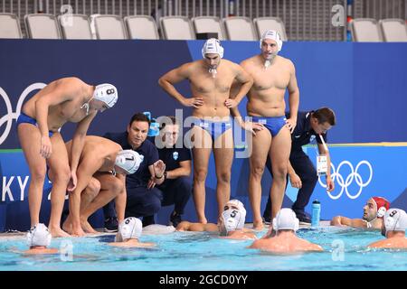 Team Greece (GRE), August 8, 2021 - Water Polo : Männer-Goldmedaillenspiel zwischen Griechenland 10 - 13 Serbien während der Olympischen Spiele in Tokio 2020 im Tatsumi Water Polo Center in Tokio, Japan. (Foto von AFLO SPORT) Stockfoto