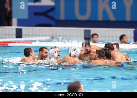 Team Greece (GRE), August 8, 2021 - Water Polo : Männer-Goldmedaillenspiel zwischen Griechenland 10 - 13 Serbien während der Olympischen Spiele in Tokio 2020 im Tatsumi Water Polo Center in Tokio, Japan. (Foto von AFLO SPORT) Stockfoto