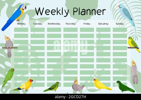 Wochenplaner Vorlage mit Papageien im niedlichen Cartoon-Stil. Planung für Kinder. Grüner Hintergrund. Montag bis sonntag Woche. Stock Vektor