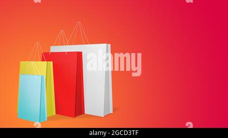 Bunte Papier Einkaufstaschen auf rotem Hintergrund., 3D-Rendering. Stockfoto