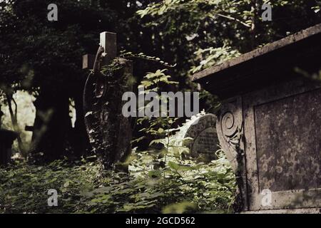 Bewachsener viktorianischer Friedhof mit verwitterten Grabsteinen und dekorativen Eisenarbeiten Stockfoto
