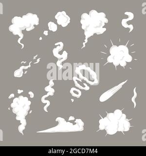 Vector Smoke Set Special Effects Vorlage. Cartoon Dampfwolken, Puff, Nebel, Nebel, Wasserdampf oder Staubexplosion. Stock Vektor