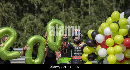 Jonathan Rea auf dem Autodrom Most. Hat jetzt 200 Podiumsplätze in der WSBK-Meisterschaft während titoloEvento, World Superbike - SBK in Most, Tschechische Republik, August 07 2021, beansprucht Stockfoto