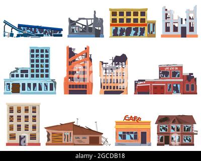 Zerstörte kaputte verlassene beschädigte alte Architekturgebäude. Zerstörung, ausgebrannt, zerstörte Fassadenwände, zerbrochene Fenster Häuser Vektordarstellung Stock Vektor