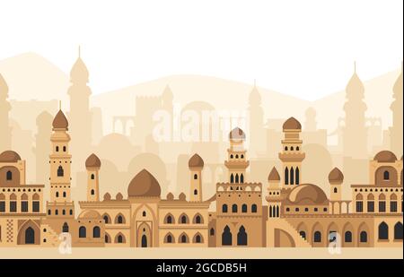 Arabische Stadt traditionelle Moschee Gebäude Silhouetten Panoramablick. Islamische Architektur Landschaft Vektor Illustration. Traditionelles arabisches Backstein Stock Vektor