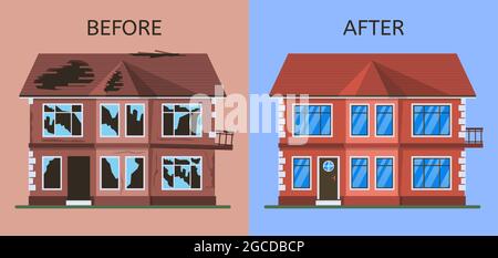 Altes kaputtes verlassene Gebäude vor und nach der Renovierung. Baufällige vorstädtische Cottage House im Bau Vektor-Illustration-Set. Hausreparatur Stock Vektor