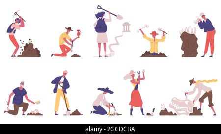 Archäologen Menschen archäologische historische Artefakte Ausgrabung. Männliche und weibliche Archäologen Zeichen Vektor Illustration Set. Archäologie Stock Vektor