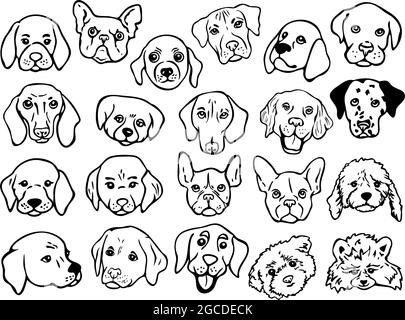 Vektor-Illustration mit Umrissen von verschiedenen Rassen Hund Gesichter gesetzt. Lustige Hundeportraits. Stock Vektor