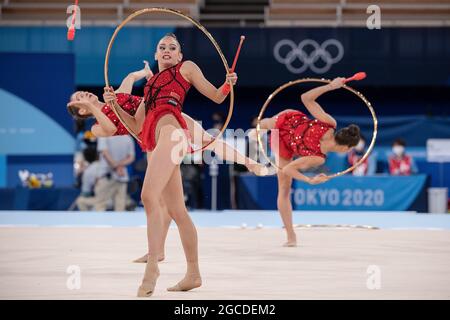 Tokio, Japan. August 2021. Die bulgarische Gruppe (BUL) in Aktion, Olympiasieger, 1. Platz; rhythmische Gymnastik/Gruppe, am 08.08.2021; Olympische Sommerspiele 2020, ab 23.07. - 08.08.2021 in Tokio/Japan. Kredit: dpa/Alamy Live Nachrichten Stockfoto