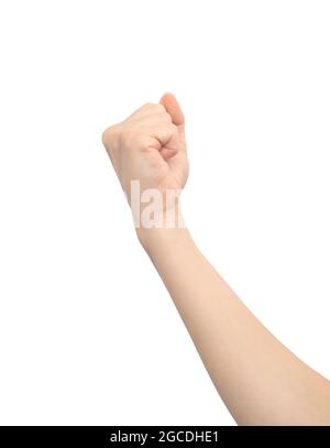 Handbewegung geballte Faust, isoliert auf weißem Hintergrund, junge weibliche Hand aus der Nähe Stockfoto