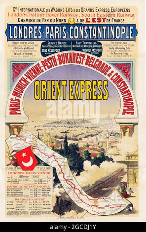 Vintage Zug / Eisenbahn / Transport Poster. Werbung für Orient-Express – Londres–Paris–Konstantinopel. 1880er. Stockfoto