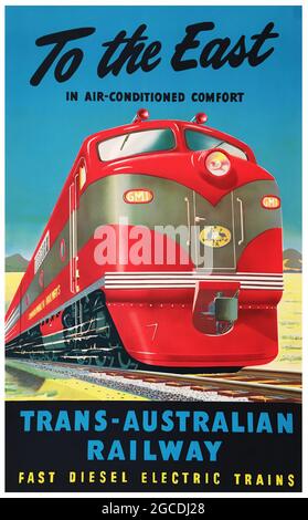 Altes Plakat für Zug/Bahn/Transport. Vintage Poster, 'To The East' – Trans-Australian Railway. C 1951. Schnelle elektrische Diesel-Züge. Stockfoto