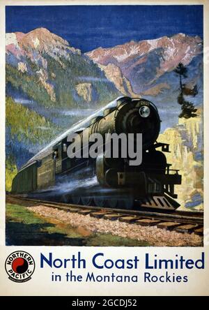 Poster mit Vintage-Zug/Bahn/Transport. North Coast Limited in den Montana Rockies, Nordpazifik. Kunstwerk von Gustav Wilhelm Krollman Stockfoto