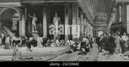 Römisches Reich. Rom. „Bäder von Caracalla“. Stich von Vela nach einem Gemälde des spanischen Malers Virgilio Mattoni (1842-1923). La Ilustración Española y Americana, 1882. Stockfoto