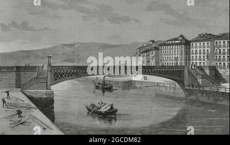 Spanien, Bilbao. Neue Eisenbrücke von San Francisco, über der Mündung, an der Stelle der alten Hängebrücke. Im März 1882 für die Öffentlichkeit geöffnet. Es wurde vom Ingenieur Pablo de Alzola entworfen und gebaut. Zeichnung von Becerro de Bengoa. Stich von Bernardo Rico. La Ilustración Española y Americana, 1882. Stockfoto