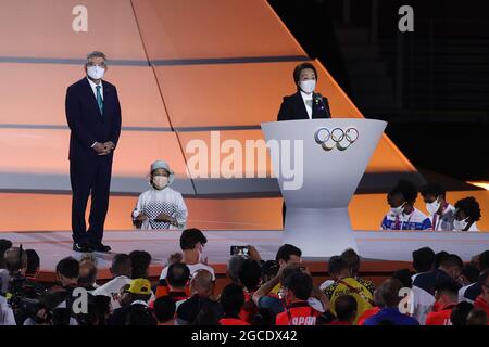 (210808) -- TOKIO, 8. August 2021 (Xinhua) -- Präsident des Organisationskomitees der Olympischen und Paralympischen Spiele in Tokio (Tokio 2020) Hashimoto Seiko hält eine Rede während der Abschlusszeremonie der Olympischen Spiele 2020 in Tokio, Japan, am 8. August 2021. (Xinhua/Du Xiaoyi) Stockfoto