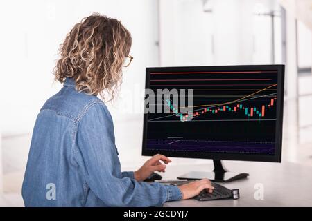 Rückansicht einer nicht erkennbaren Frau im Büro, die einen Computer mit Statistiken und Diagrammen auf dem Bildschirm verwendet Stockfoto