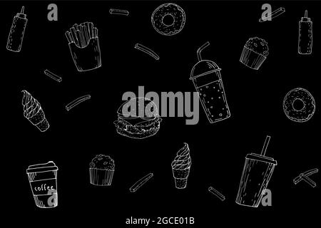 Junk Food lecker Doodle Kreidetafel Muster. Schwarz weiß Hamburger Soda Eis Fett und süß isoliert Grafik. Heißer Kaffee zu gehen ungesunde Snacks dise Stock Vektor