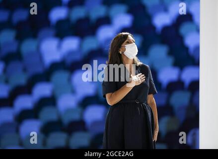 Tokio, Japan. August 2021. Anne Hidalgo, Bürgermeisterin von Paris, nimmt an der Abschlussfeier der Olympischen Spiele 2020 in Tokio, Japan, am 8. August 2021 Teil. Quelle: Li Ming/Xinhua/Alamy Live News Stockfoto