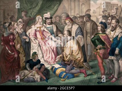 Christoph Kolumbus steht bei seiner Rückkehr nach Spanien vor König Ferdinand und Königin Isabella; digital optimiert Stockfoto