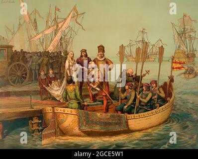 Christopher Columbus und seine Crew verlassen den Hafen von Palos, Spanien; 1492, digital optimiert Stockfoto