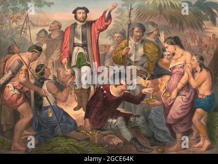 Christopher Columbus landete am 12. Oktober 1492 auf der Insel San Salvador, später Watling Island genannt, digital optimiert Stockfoto