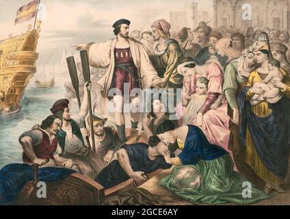 Christopher Columbus und seine Crew verlassen den Hafen von Palos, Spanien; 1492, digital optimiert Stockfoto