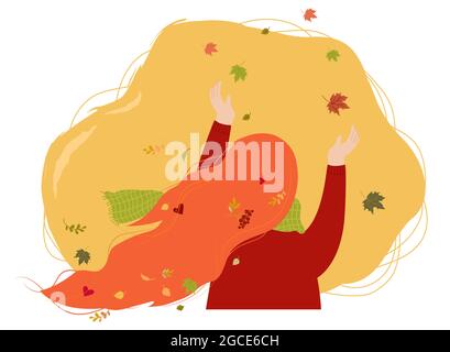 Herbstmädchen mit langen roten Haaren und Herbstblättern. Vektorgrafik. Charakter Mädchen mit Herbstlaub in den Haaren in flachem Stil für Herbst-Design, Stock Vektor