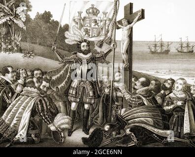 Christopher Columbus landete am 12. Oktober 1492 auf der Insel San Salvador, später Watling Island genannt, digital optimiert Stockfoto