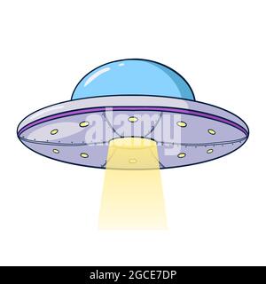 Cartoon UFO Illustration. Handgezeichnete Fliegende Untertasse Vorlage für Logo, Emblem, Webdesign, Kinderzimmer Dekor, Print, Aufkleber, Karte Stock Vektor