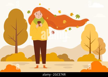 Schönes Mädchen mit Herbstblättern in langen rothaarigen sich entwickelnden Haaren mit Kaffee im Herbstpark. Vektorgrafik. Charakter im flachen Stil in einem Stock Vektor