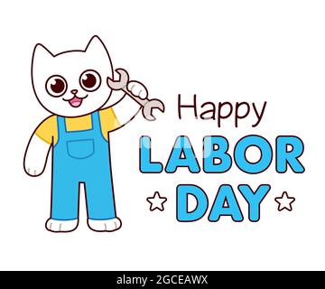 Happy Labor Day, niedlich Cartoon Katze Zeichnung halten Schraubenschlüssel Werkzeug. Witziger Arbeitercharakter. Vektorgrafik Clip Art Illustration. Stock Vektor