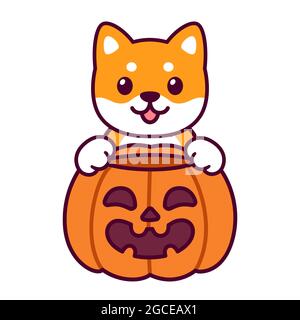 Trick or Treat. Niedliche Cartoon Shiba Inu mit Halloween Kürbis. Kawaii Hund Zeichnung, lustige Vektor-Illustration. Stock Vektor