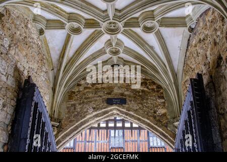 Das Gewölbe unter dem Bloody Tower mit Ventilatorgewölbe & eingezogenem Portcullis. Einer der 21 Türme, die den Tower of London Komplex bilden Stockfoto