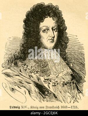 Europa, Frankreich, Ludwig XIV , König von Frankreich , Motiv aus: ' die Kirche Christi in Bild und Wort ' , von Christlieb Gotthold Ottinger, Verlag von Dr. Ottinger´s Volksblatt ( Volksblatt Verlag ) , Straßburg im Elsaß , 1878 . / Europa, Frankreich, Ludwig XIV. , König von Frankreich, Bild aus: ' die Kirche Christi in Bild und Wort ', von Christlieb Gotthold Ottinger, Verlag Volksblatt, Strassburg - Elsass , 1878 . Stockfoto