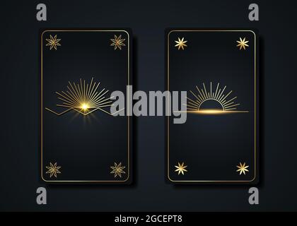 Set magische Tarot-Karten, Gold Magie Sonne boho Stil, heilige Geometrie Zeichen, esoterische spirituelle Symbole, Blume des Lebens. Luxus Samen des Lebens Blumen Stock Vektor