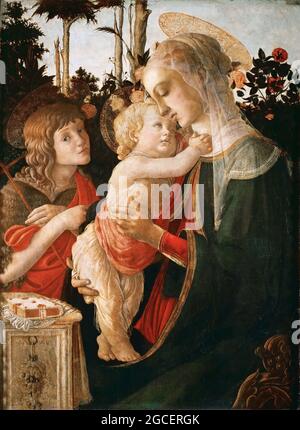 Titel: Madonna mit Kind und dem jungen Johannes dem Täufer Schöpfer: Sandro Botticelli Datum: c. 1468 Medium: Tempera und Öl auf Tafel Bearbeiten Sie dies bei Wikidata Dimension: 90.7 cm x 67 cm (26.3 in) Bearbeiten Sie dies bei Wikidata Ort: Louvre Museum Stockfoto