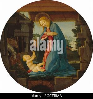 Titel: Die Jungfrau, die das Kind anbetend Schöpferin: Sandro Botticelli Datum: 1480/1490 Medium: Tempera auf Pappel-Tafel Größe: Durchmesser: 58.9 cm Ort: Nationalgalerie Stockfoto
