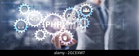 PHP-Codierungskonzept. Suche nach Programmierern. Technologiehintergrund. Stockfoto