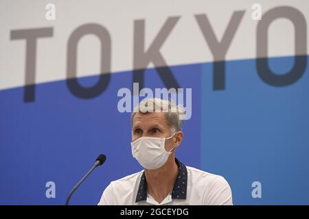 Tokio, Japan. August 2021. Der Präsident des Tschechischen Olympischen Komitees Jiri Keval nimmt an einer Pressekonferenz über die Teilnahme tschechischer Sportler an den Olympischen Sommerspielen 2020 in Tokio, Japan, am Sonntag, den 8. August 2021 Teil. Quelle: Ondrej Deml/CTK Photo/Alamy Live News Stockfoto